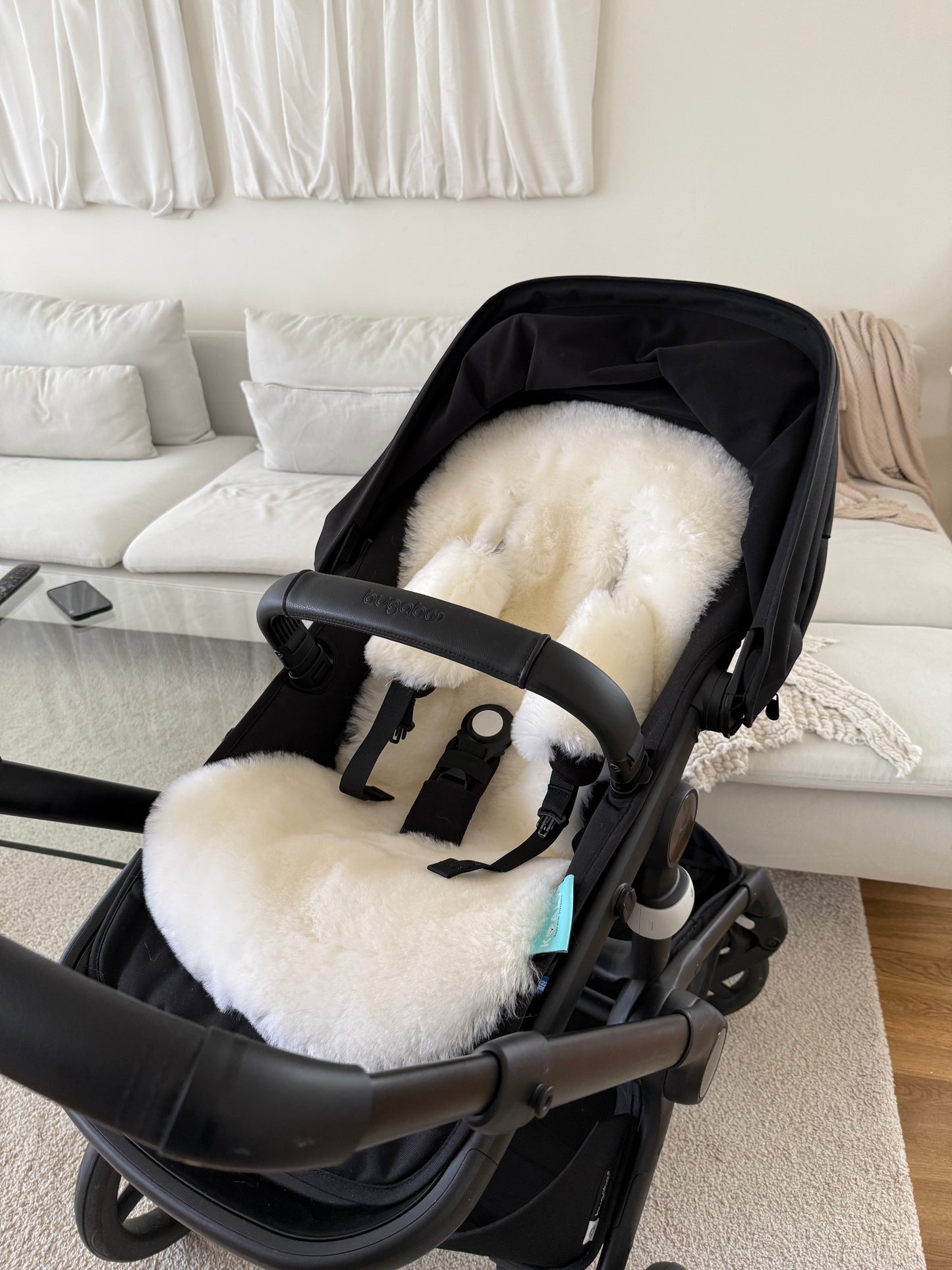 Australian sheepskin stroller liner and strap covers in black bugaboo fox