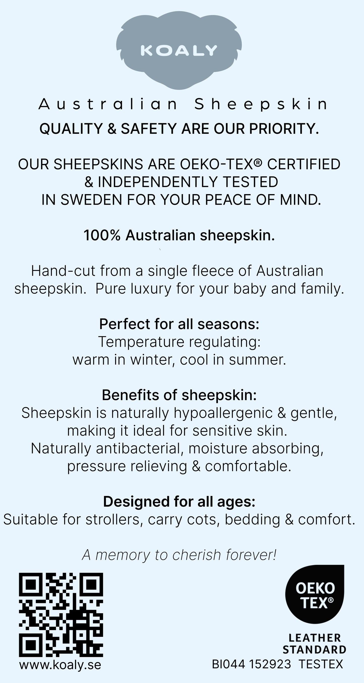 Advertisement for KOALY Australian Sheepskin products with text about quality, safety, and features.