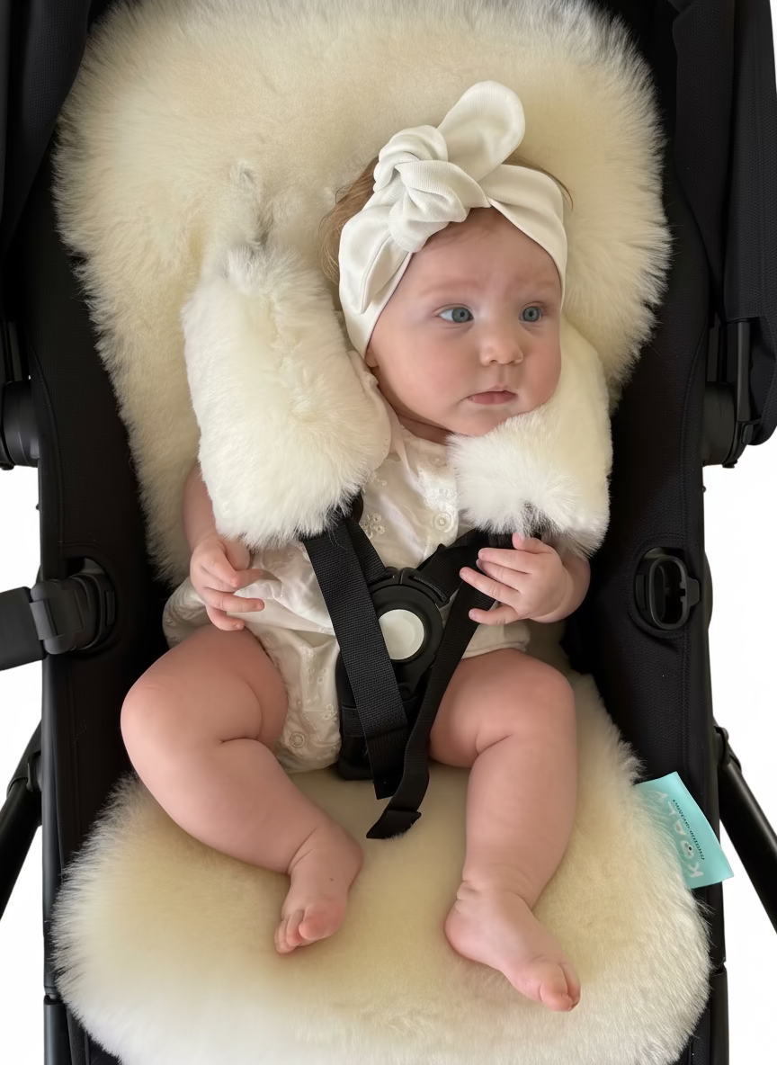 Baby in a stroller with white fur lining and a headband.